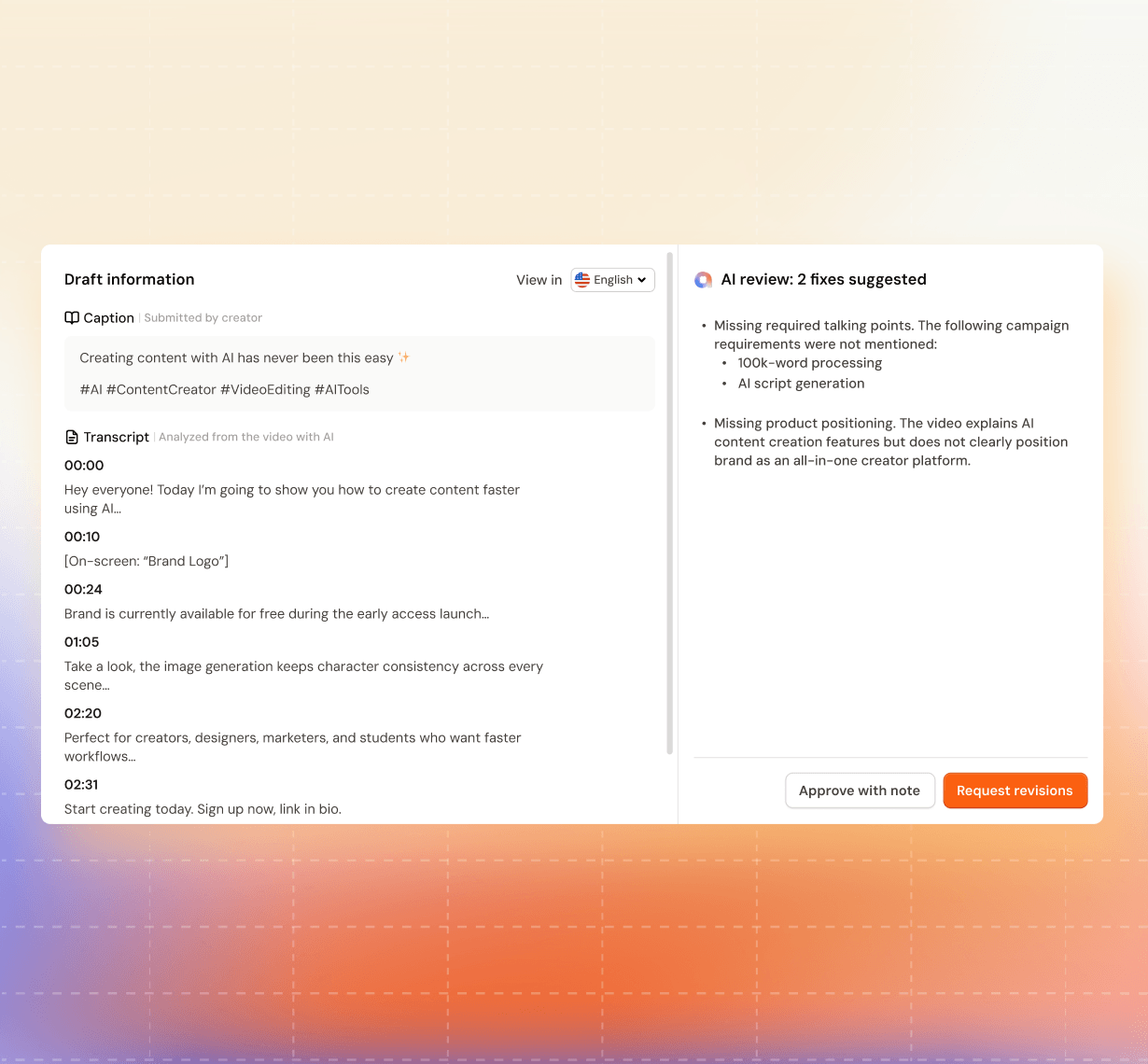 AhaCreator AI content review interface for reviewing creator submissions